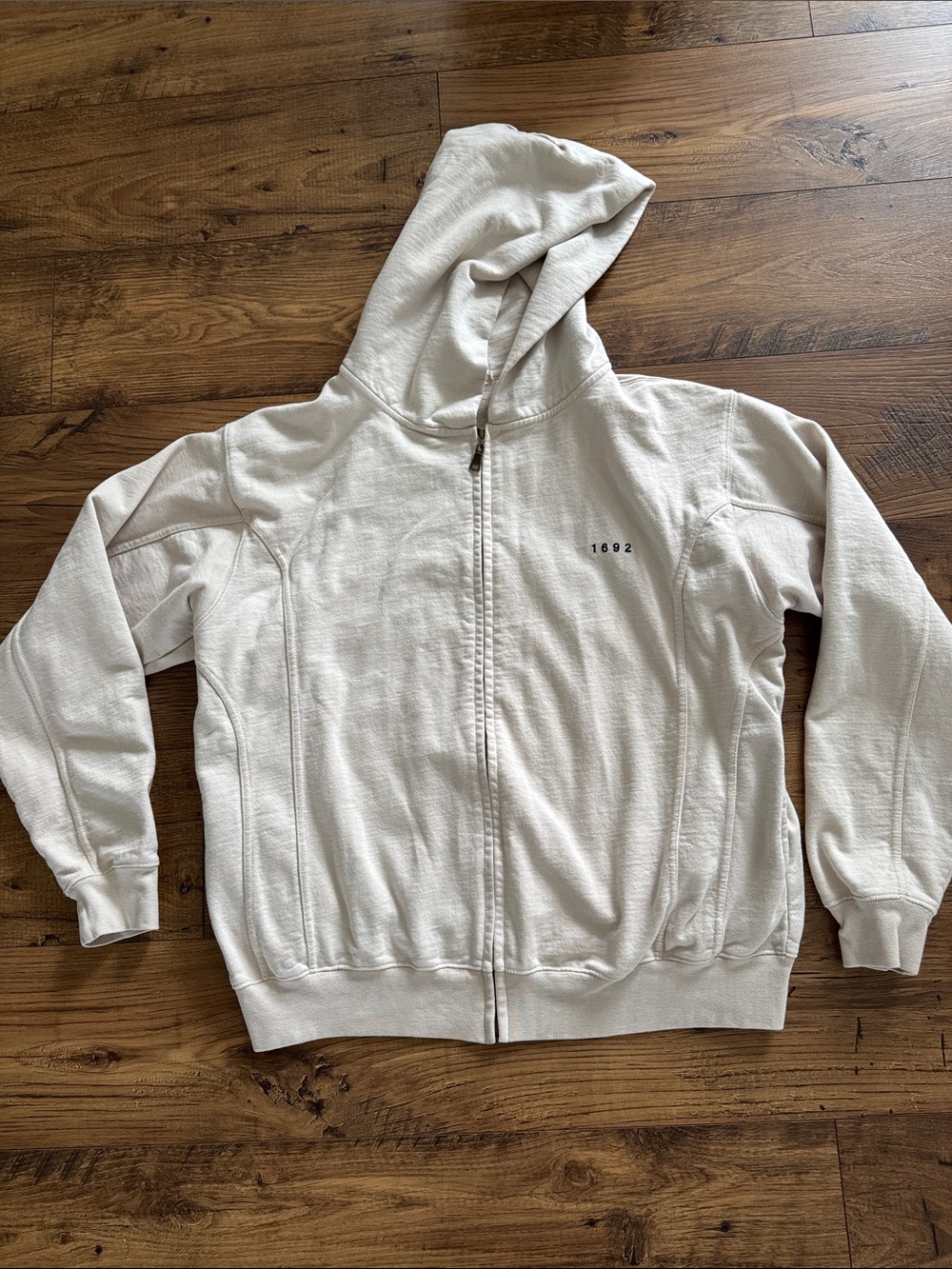 Sixteen ninety two men’s hooded zip up sweatshirt, size large, beige